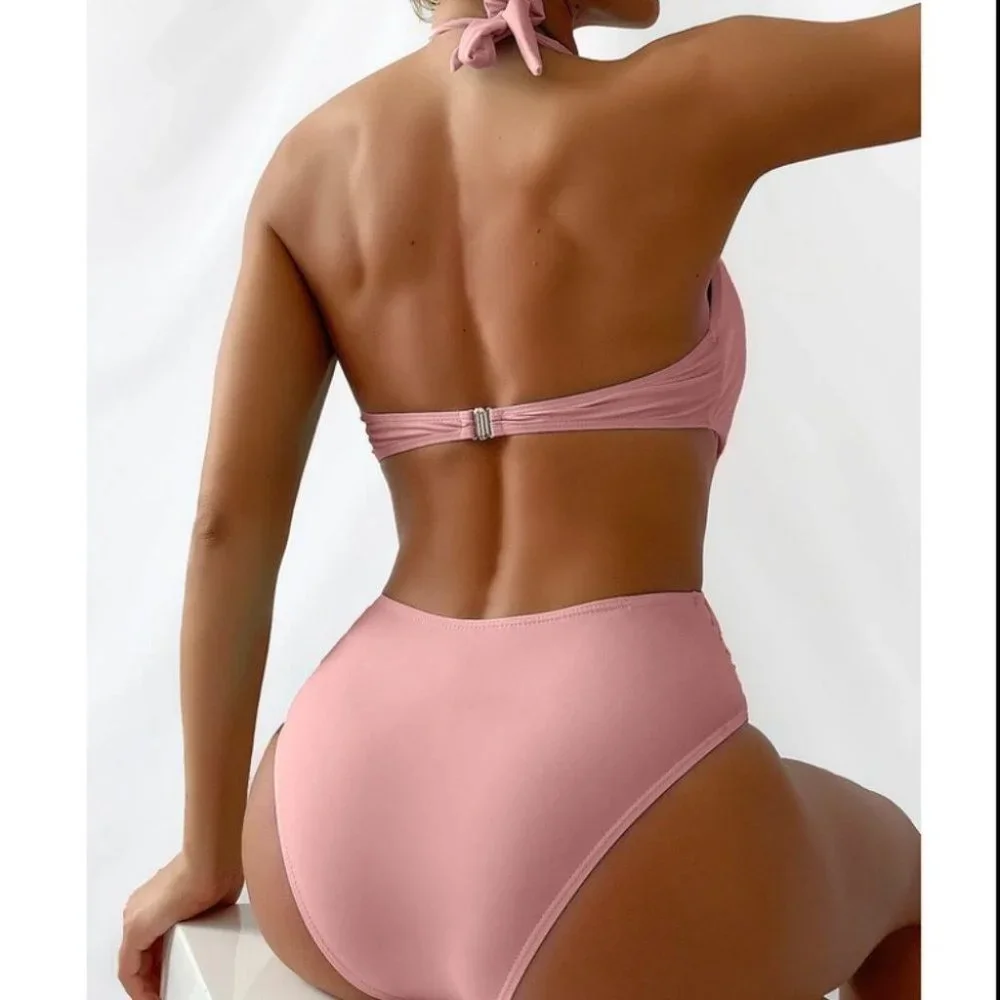 PINK ONE PIECE MONOKINI CUT OUT DETAILED HALTER NECK SWIMSUIT - Picture 2 of 6